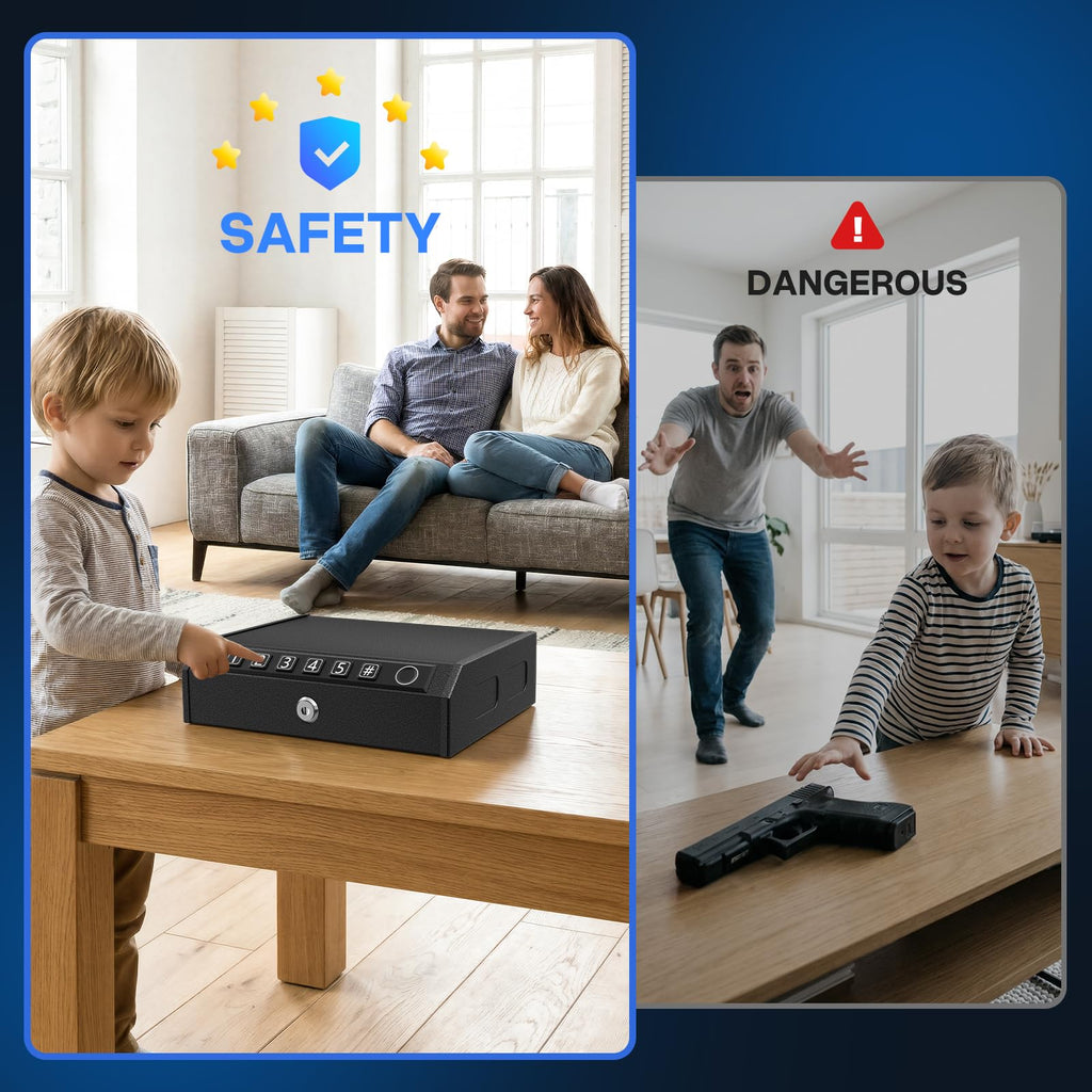 Gun Safe for Handgun, Biometric Handgun Safe with Drop Slot Quick Access with Stealth Mode, 3-Way Unlock Fingerprint Digital PIN Key Pistol Safe, Handgun Safe Lock Box with Carbon Steel Cable for Car