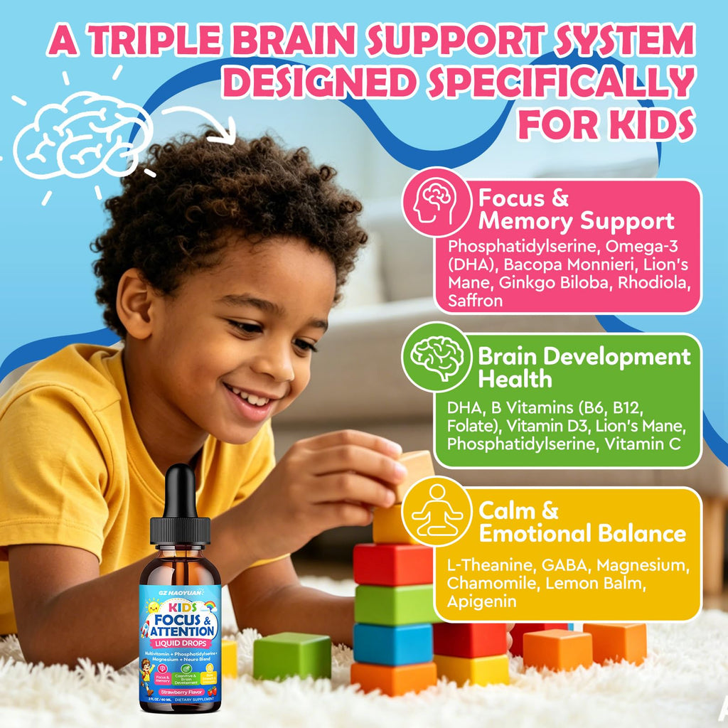 Kids Focus and Attention Supplements with Phosphatidylserine, Omega-3, Magnesium Glycinate, L-Theanine, Folate, Brain Vitamins Liquid Drops for Kids Memory, Cognitive, Sleep & Mood,Strawberry,2 Fl Oz