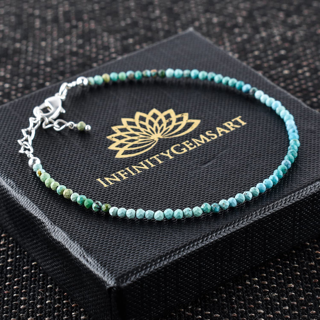 YANARA Real Turquoise Bracelet For Women Genuine Gemstone, Natural December Birthstone, Handmade Simple Bracelet, Gorgeous Micro Beads Chakra Jewelry, Crystals Silver Plated Chain 8 inch