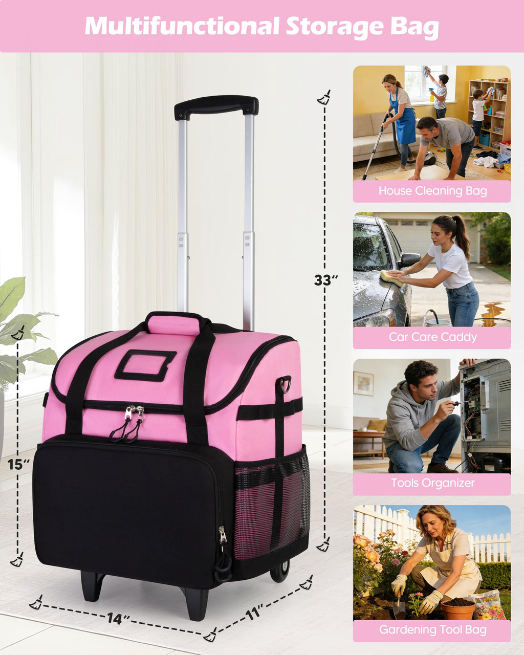 Marscamd Large Rolling Cleaning Caddy Bag with Detachable Trolley, Pink