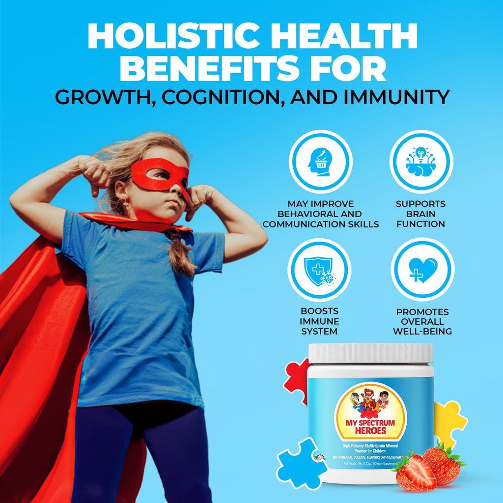 My Spectrum Heroes Kids Powder Multivitamin - Strawberry Powder Supplement, Better Absorption, Non-GMO, Non-Gluten, No Artificial Ingredients - Neural Help for Children on The Spectrum - 30 Servings