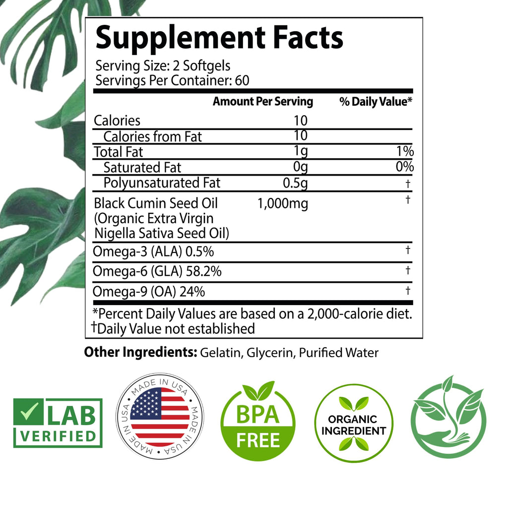 Black Seed Oil Capsules 1000mg, Organic Cold Pressed Black Cumin, High TQ, Immune & Joint Support, 120 Count (2 Month Supply)