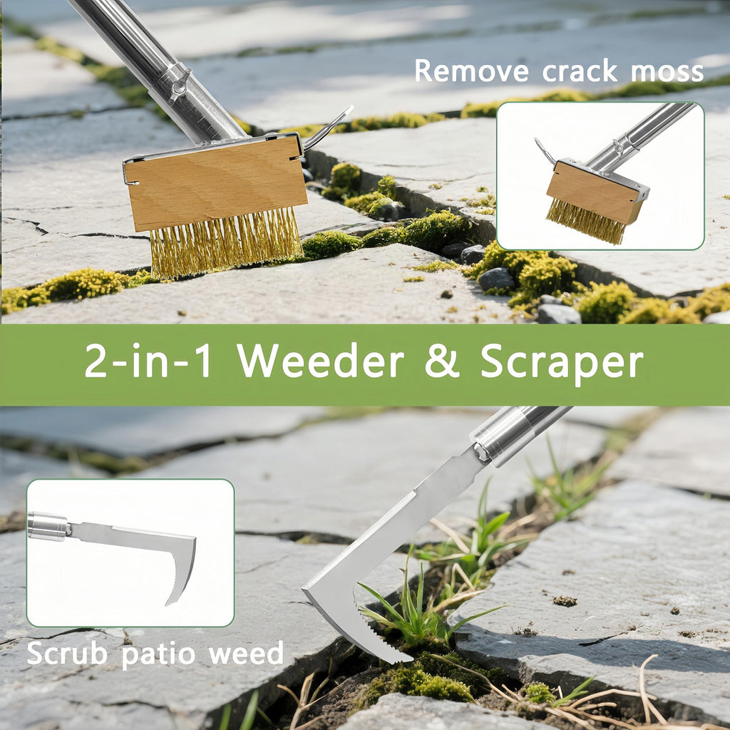 2-in-1 Crack Weeder, Telescopic Stainless Steel Weed Puller Moss Remover