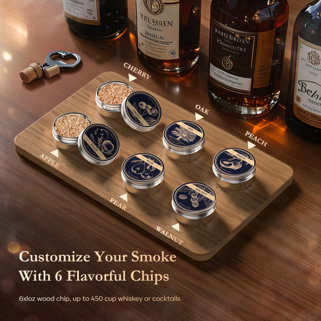 AMZSEAT Electric Whiskey Smoker Kit-Rechargeable Cocktail Smoker Set with 6 Wood Chips-Unique Bourbon Ideal Christmas, Birthday, Valentine's Day Gift,Gifts for Men, Dad, Husband