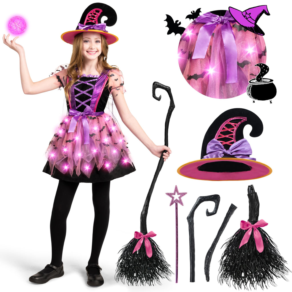 Spooktacular Creations Girls Light Up Witch Costume, Kids Witch Costume with Hat and Broom for Toddler Halloween Dress Up Parties (Toddler (3-4yr))