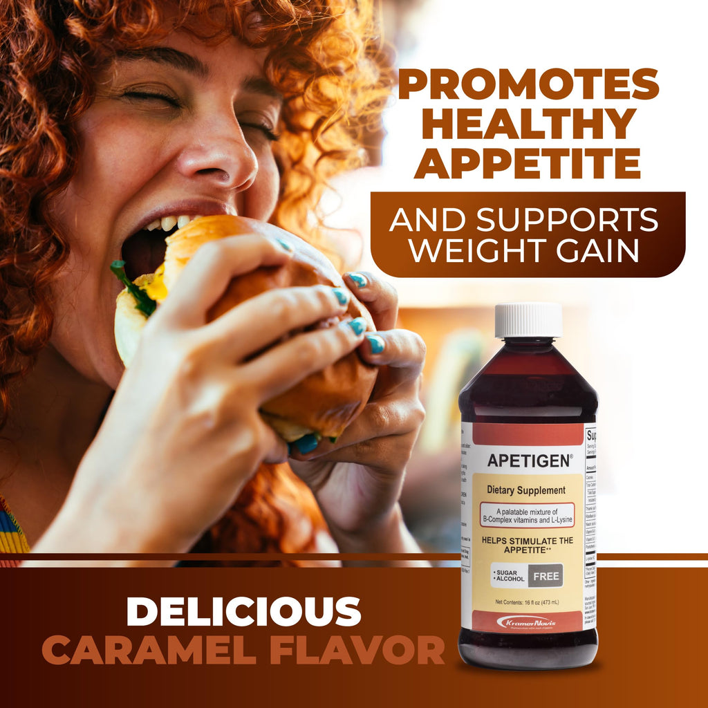 Apetigen Appetite Stimulant for Kids & Adults – Vitamin B-Complex with L-Lysine Liquid – Sugar Free Weight Gain Supplement for Picky Eaters – Caramel Flavor, 16oz