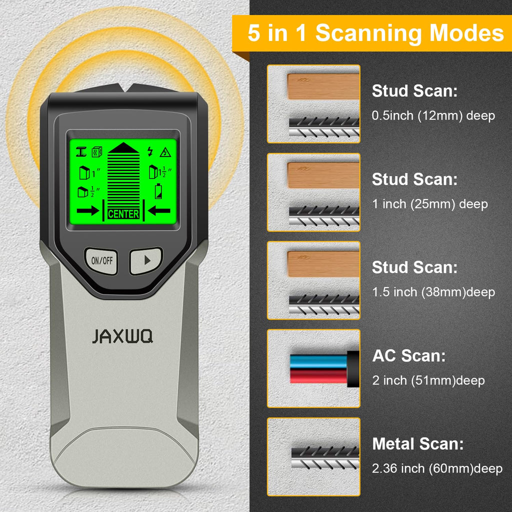 Stud Finder Wall Scanner - 5 in 1 Stud Finder Tool w/Smart Chip and HD LCD Display, Stud Detector Beam Finders for the Center and Edge of Wood AC Wire Metal Studs Joist Pipe (Grayish)
