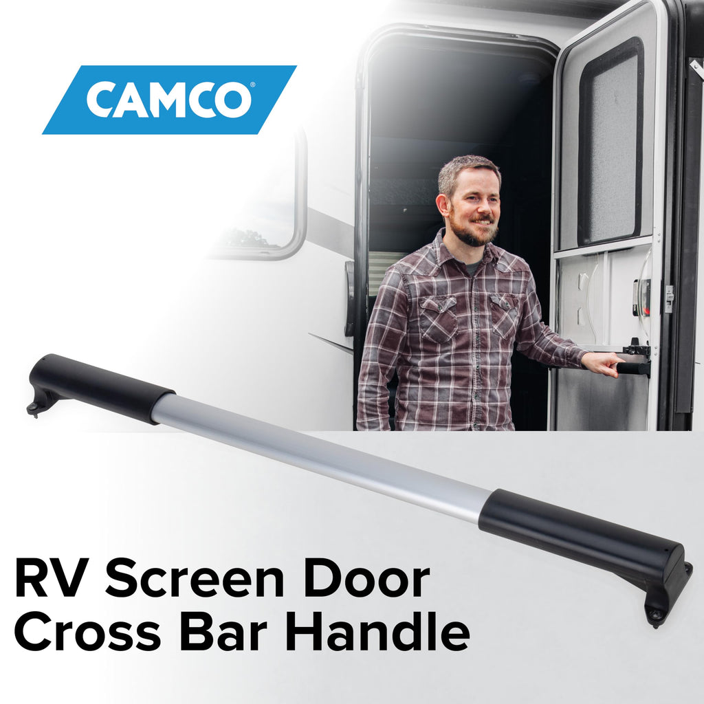 Camco Camper/RV Screen Door Cross Bar - Protects the Screen Door & Allows for Easier Exit from Travel Trailer - Adjusts from 21-5/8-Inches to 28-5/8-Inches (42183)