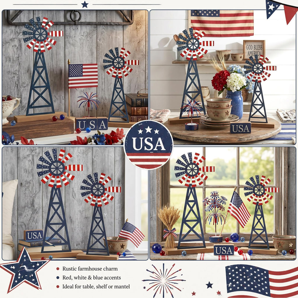 Tandefio 2 Pcs 11.8 Inch Metal Patriotic Farmhouse Windmill Tabletop Decor