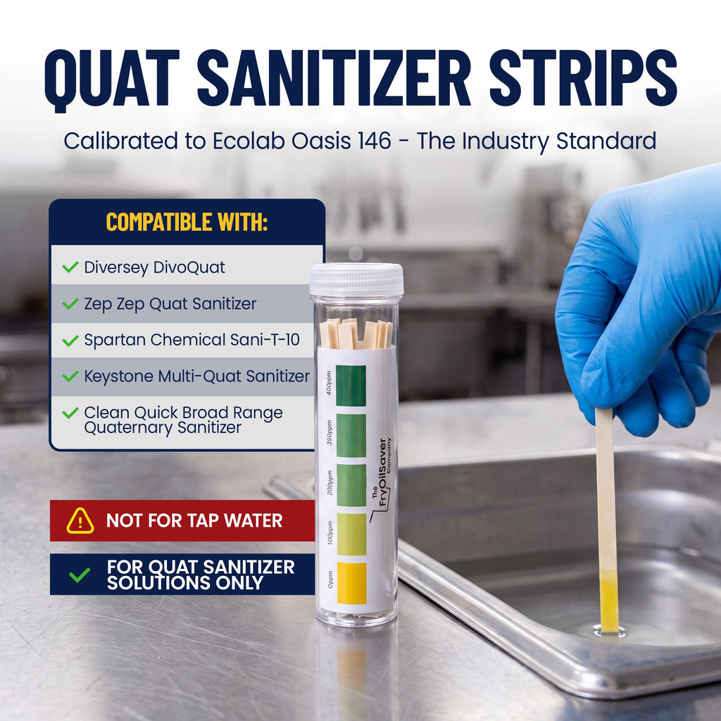 100 Pack Quat Sanitizer Test Strips for Sanitizing Solution – Quaternary Food Service Test Kit for Restaurant Kitchen - QAC QR5 0-500 ppm - 1 x 100-Strip Vials (1 Pack) by FryOilSaver Co.