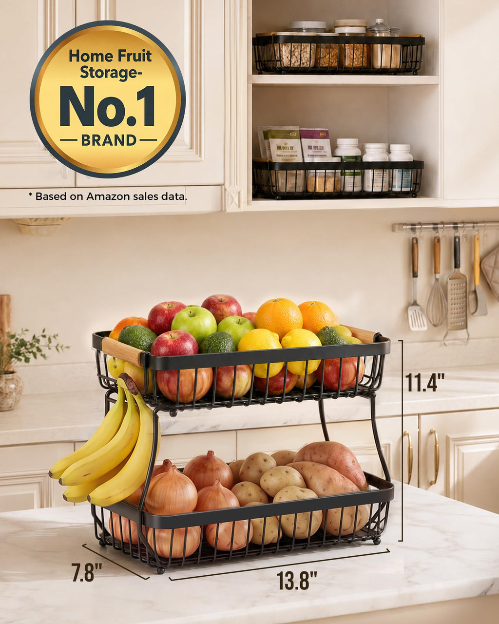 Sevenblue 2-Tier Fruit Basket with Banana Hangers, Detachable Metal Bowl
