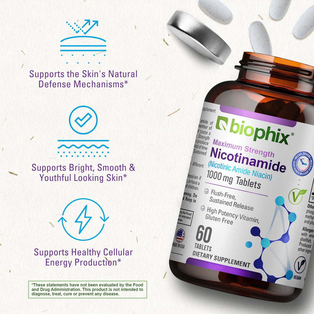 biophix B-3 Nicotinamide 1000 mg 60 Tablets Extra Strength Timed Release - Nicotinic Amide Niacin Natural Flush-Free Vitamin Formula - Supports Skin Cell Health