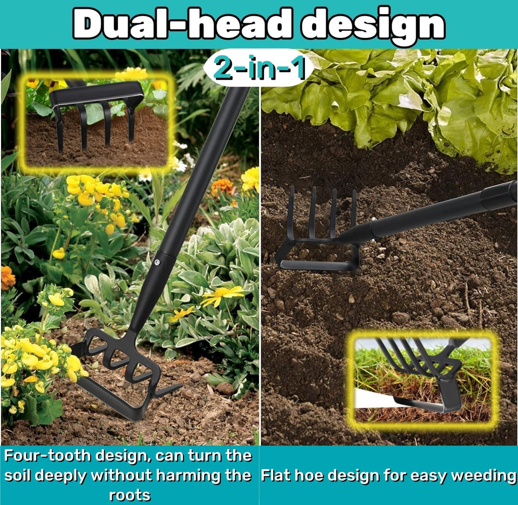 Ihomepark Garden Hoe, Stirrup Hoe with Adjustable Handle for Weeding Digger loosening Soil Metal Garden Cultivator Hoe with Rake Tiller Cultivator (30-62 Inch)