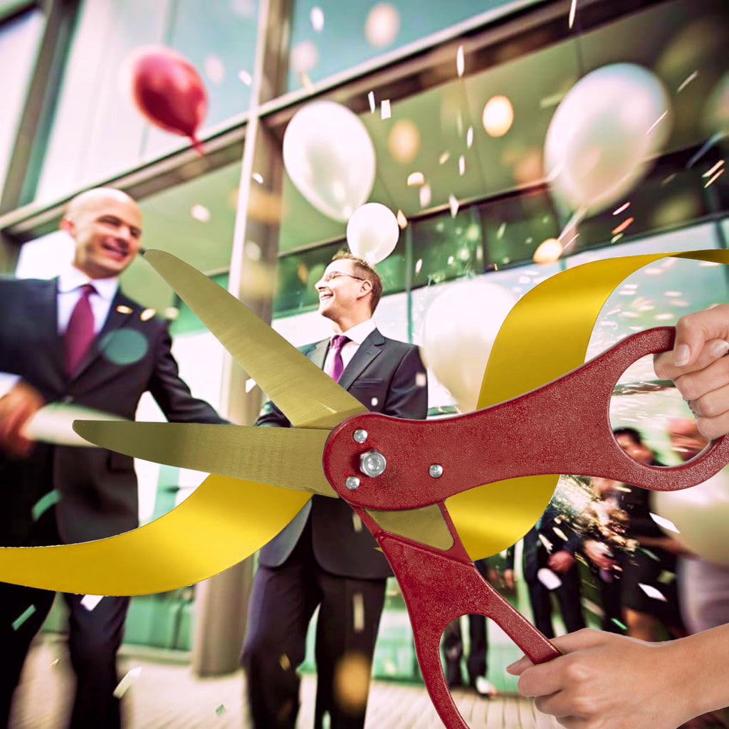 Grand Opening Ribbon and Scissors – Red 20 Ribbon Cutting Scissors with Gold Blade and Golden Satin Ribbon for Special Events & Inaugurations