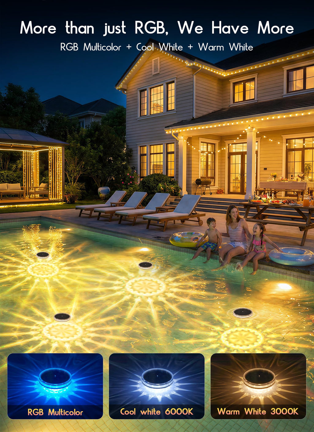 Floating-Solar-Pool-Lights 2 Pack, RGBWW 12 Lighting Modes, 3 Dimming & Timing IP68 Waterproof with Remote Control, Solar Floating Pool Lights for Above Ground Pools Inground Pools Accessories Bathtub
