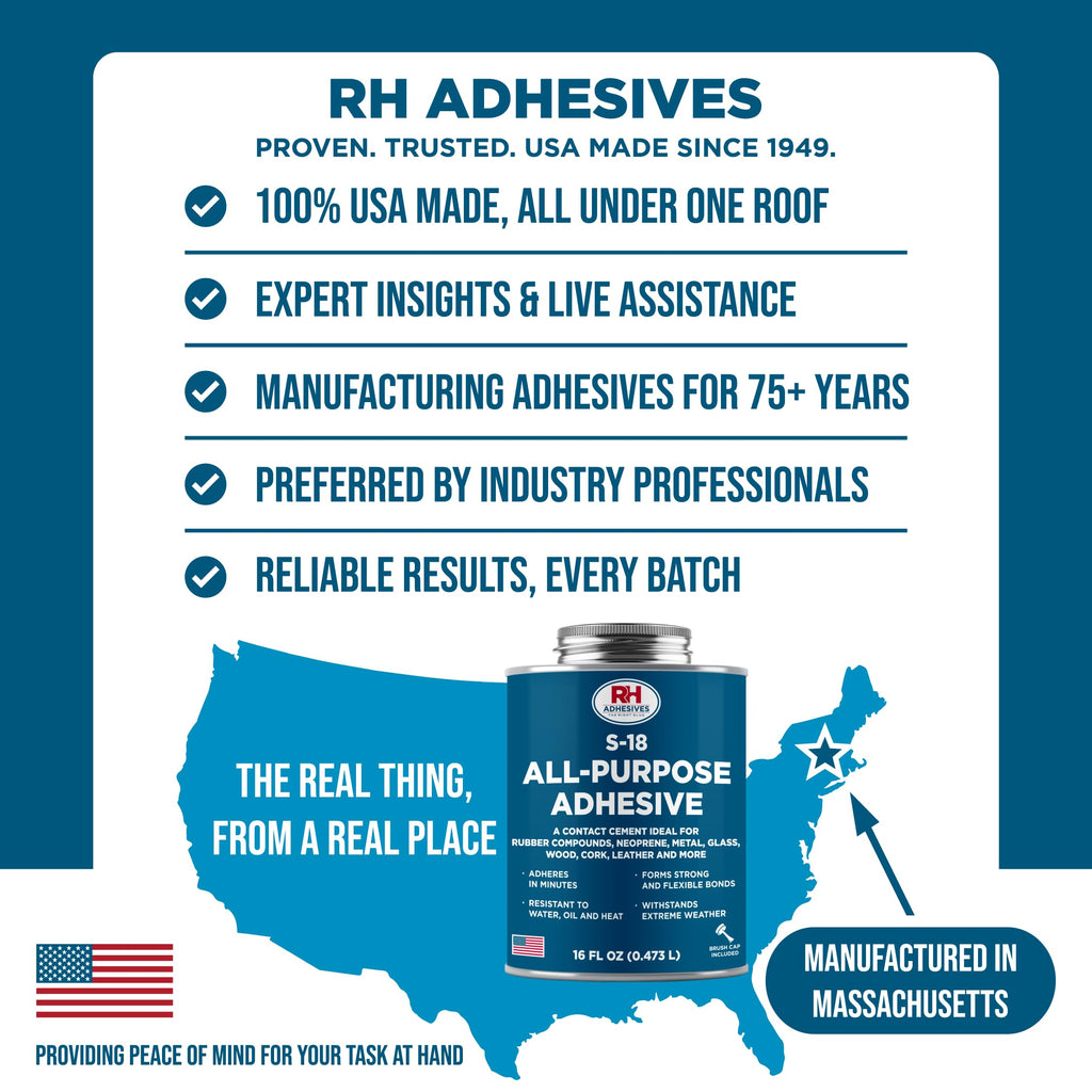S-18 All-Purpose Adhesive, 16 oz. can - Multi-Purpose, Rubber, Metal, Leather, Felt, Wood, Neoprene, Glass, Flexible, Waterproof, Long Lasting - RH Adhesives
