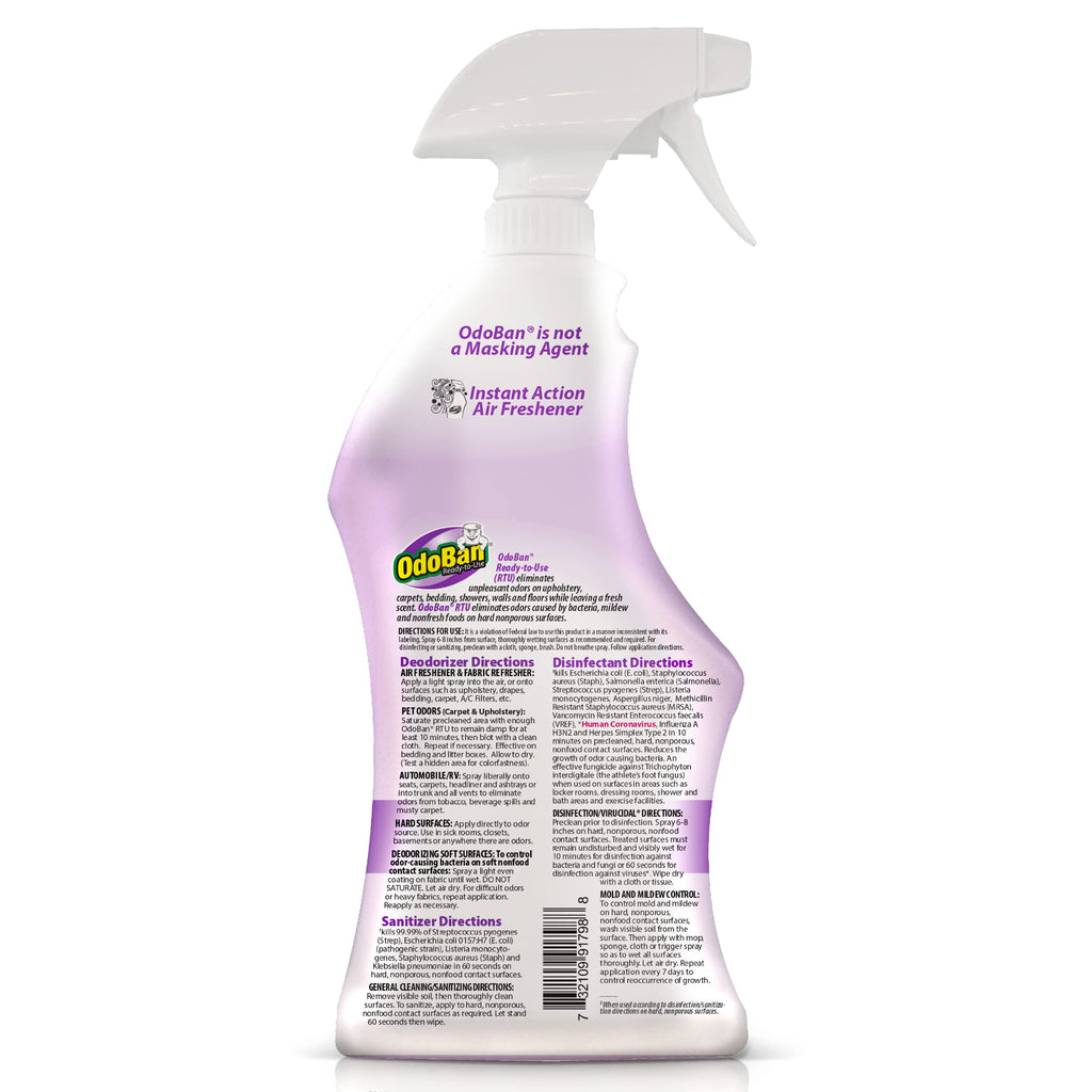 OdoBan Ready-to-Use Disinfectant and Harsh Aroma Eliminator, Cleaner and Fabric/Air Freshener, Set of 2, 14.6 Ounce 360-Degree Continuous Spray and 32 Ounce Trigger Spray, Lavender Scent
