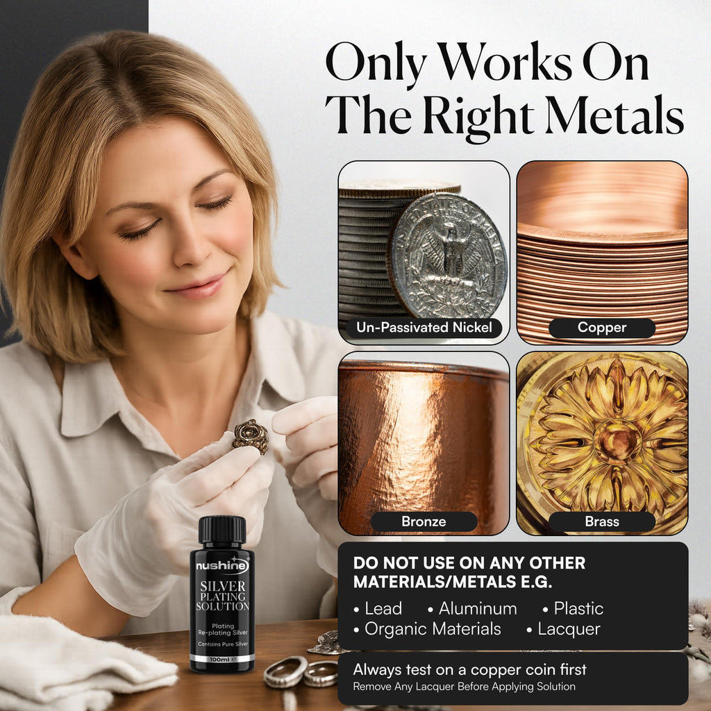 Nushine Silver Plating Solution 3.4 Oz - Permanently Plate PureSilver onto Worn Silver, Brass, Copper and Bronze ONLY (Ecofriendly Formula)