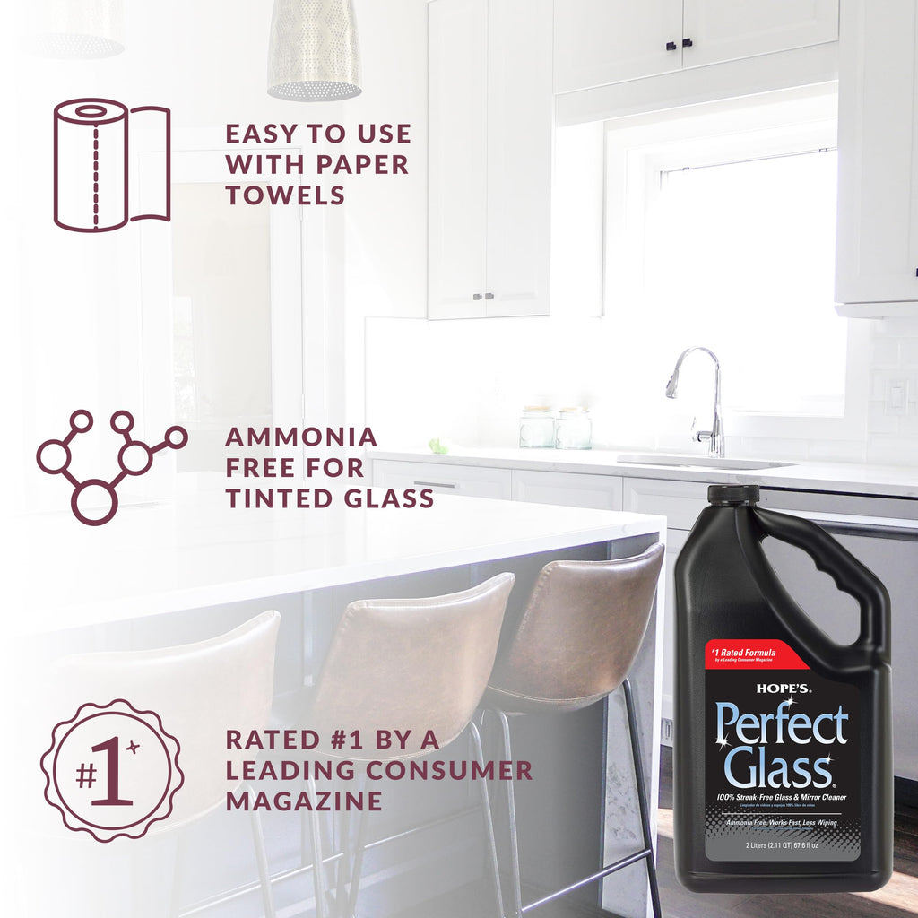 HOPE'S Perfect Glass Cleaner Spray Refill, Streak-Free, Ammonia-Free Window, Mirror, Screen, Tinted Glass, and Shower Door Cleaner, Indoor and Outdoor Glass Surfaces, 67.6 Ounce, Pack of 6