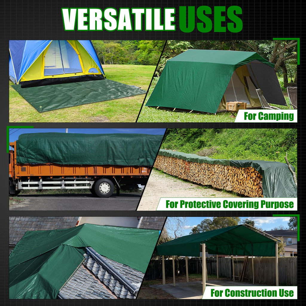 Sunvigor Tarp Waterproof 10x12Ft, Extra Thick 16 Mil Heavy Duty Tarp Cover, Tear & Fade Resistant, Outdoor Tarps with Brass Grommets and Reinforced Edges for Roof, Camping, Patio, Boat (Green/Silver)