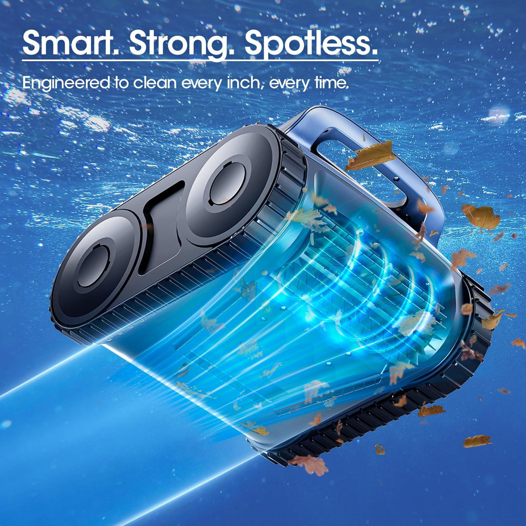 Cordless Robotic Pool Vacuum, Pool Cleaner with Track Drive & Sonar Navigation, 180W Brushless Motor, Wall & Waterline Climbing, 150-Min Runtime, for Inground Above-Ground 2150 Sq. Ft. (Dark Blue)