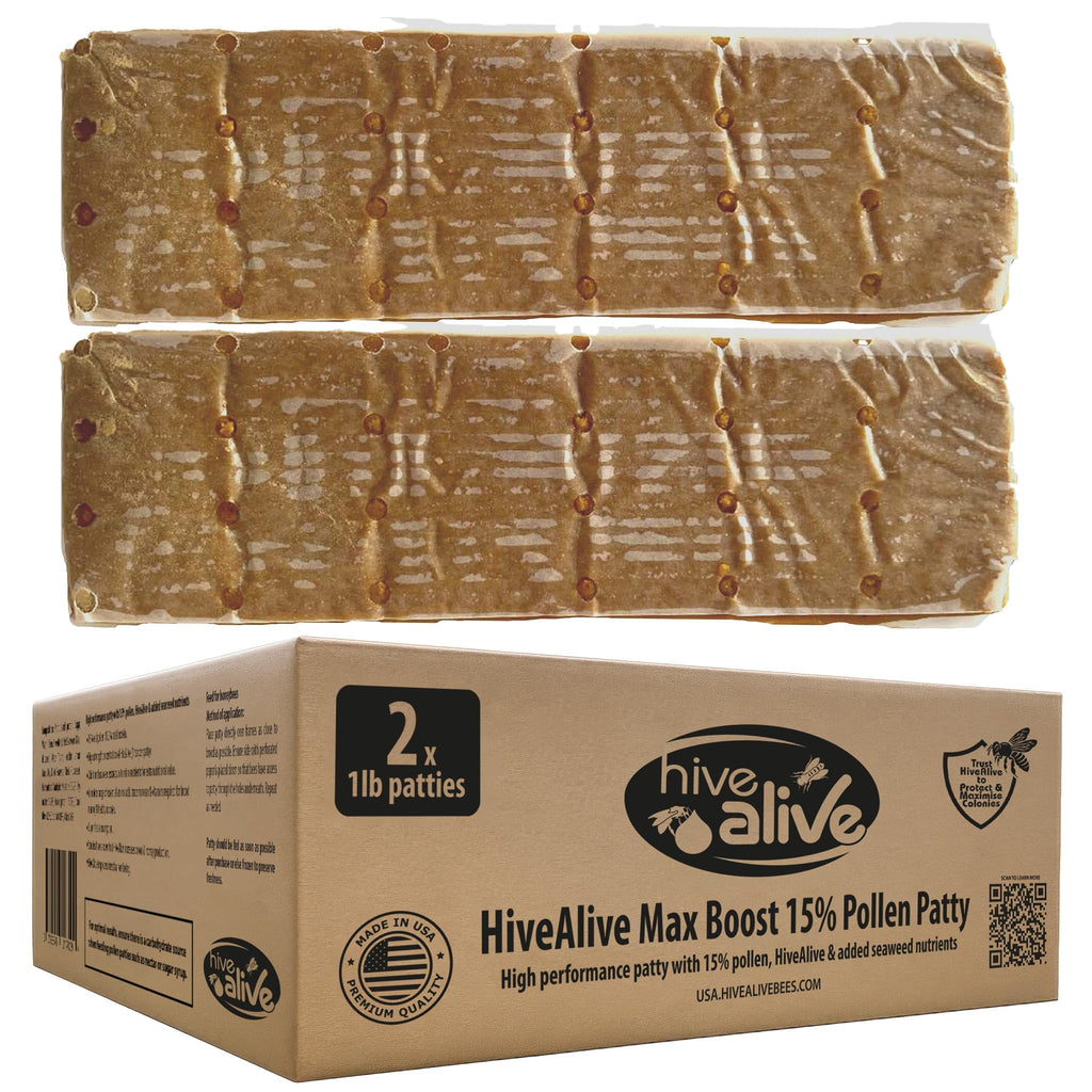 Pollen Patties for Honey Bees - 2lb (2x1lb) Bee Food with 15% Real USA Pollen, Full Dose of Hive Alive Concentrate, Seaweed Micronutrients, and Amino Acids - HiveAlive Feeding Program