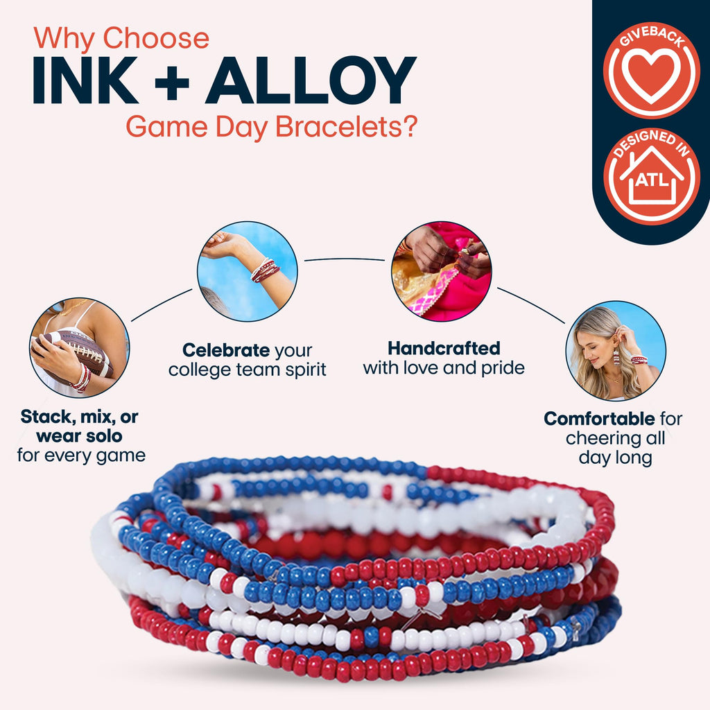 INK + ALLOY Game Day Bracelets for Women, Beaded Bracelet Stacks for Fans, Handmade Jewelry for College Students, Teachers, Team Gifts, Set of 10 (Red, White + Blue)