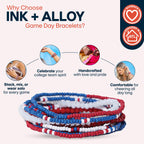 INK + ALLOY Game Day Bracelets for Women, Beaded Bracelet Stacks for Fans, Handmade Jewelry for College Students, Teachers, Team Gifts, Set of 10 (Red, White + Blue)