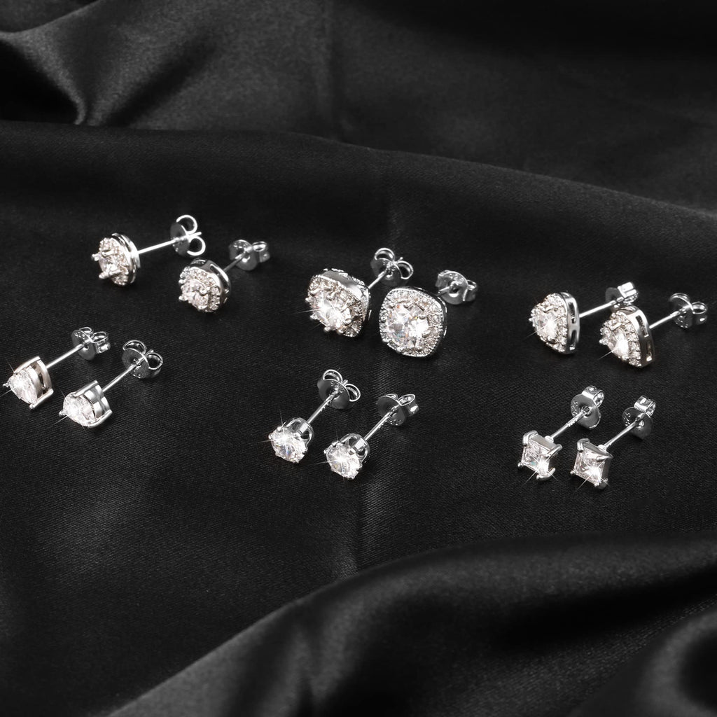 ALEXCRAFT Silver Stud Earrings for Women, Sterling Silver Cubic Zirconia Halo Stud Earrings Set Round Heart Square Diamond Studs Valentines Earrings Pack, 6 Pairs