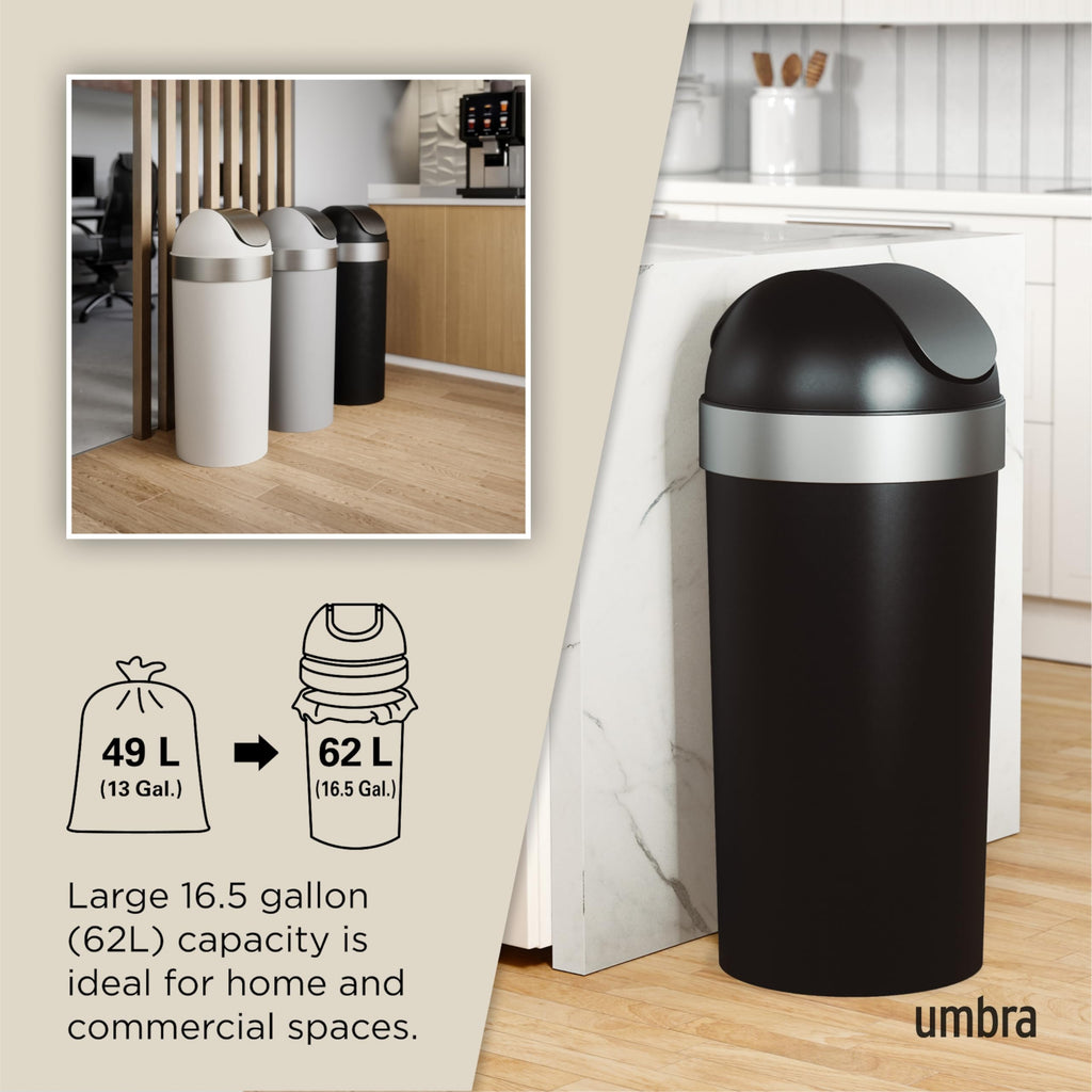 Umbra Venti Kitchen Trash Can, Swing Top Lid, 16 Gallon, Black/Nickel