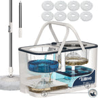Gen 1 Large-Capacity Spin Mop and Bucket – for Big Homes & Deep Cleaning Days,4-Chamber System Separates Dirty & Clean Water, 2-GAL Heavy-Duty Design with Wheels & 8 Refill Mop Heads - White/Blue