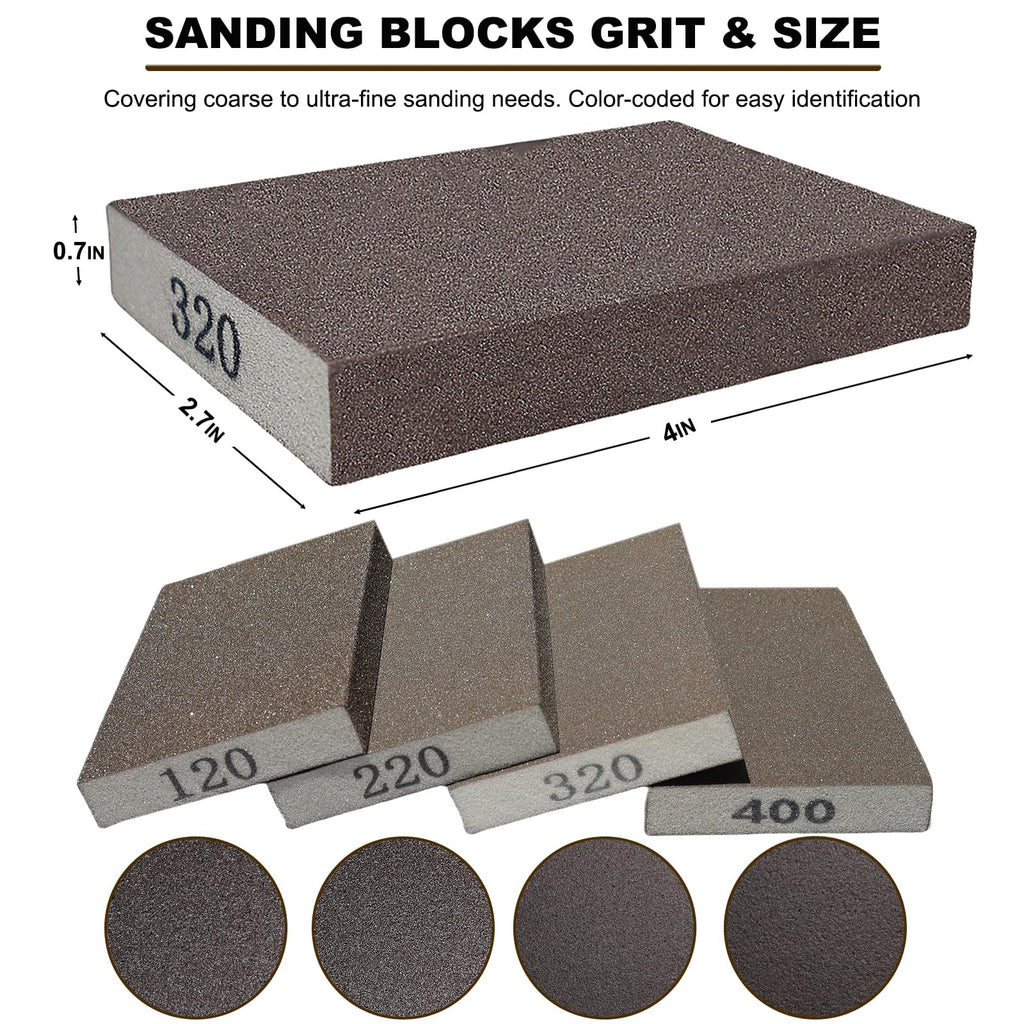 4 Pack Hand Sanding Sponge Set -120 220 320 400 Grit- Coarse Medium Fine Grit Sanding Block, Sander Sponges for Wood-Working Drywall Metal, Washable and Reusable Sponge for Rust Removal Polishing