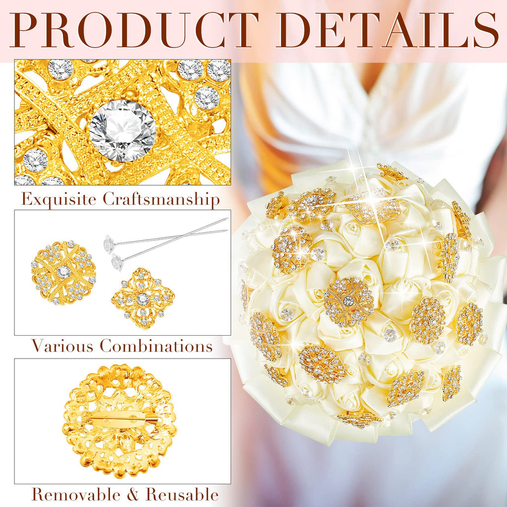 Kigeli 124 Pcs Rhinestone Bouquet Brooches Pins for Bridal Wedding,Gold