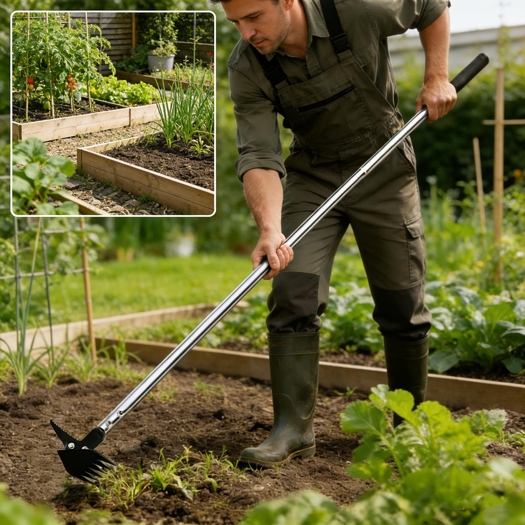 BARAYSTUS Weed Puller 61" Adjustable Long Handle, 2-in-1 Weed Rake & Crack Weeder with Detachable Head, Stainless Steel Weeding Tool for Lawn, Yard, Garden & Sidewalk Cracks, Weed Remover