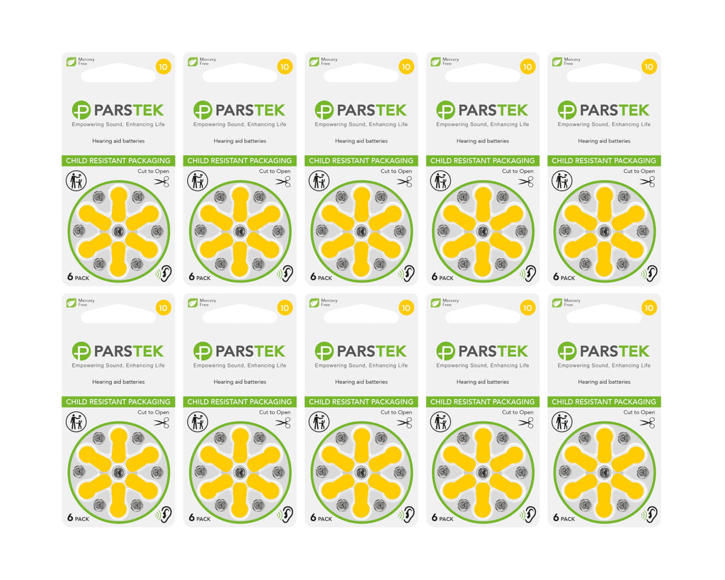 ParsTek Hearing Aid Batteries | Size 10 | Zinc-Air & Mercury Free | Long Lasting | Child Resistant Packaging | 1.45V | 60 Batteries