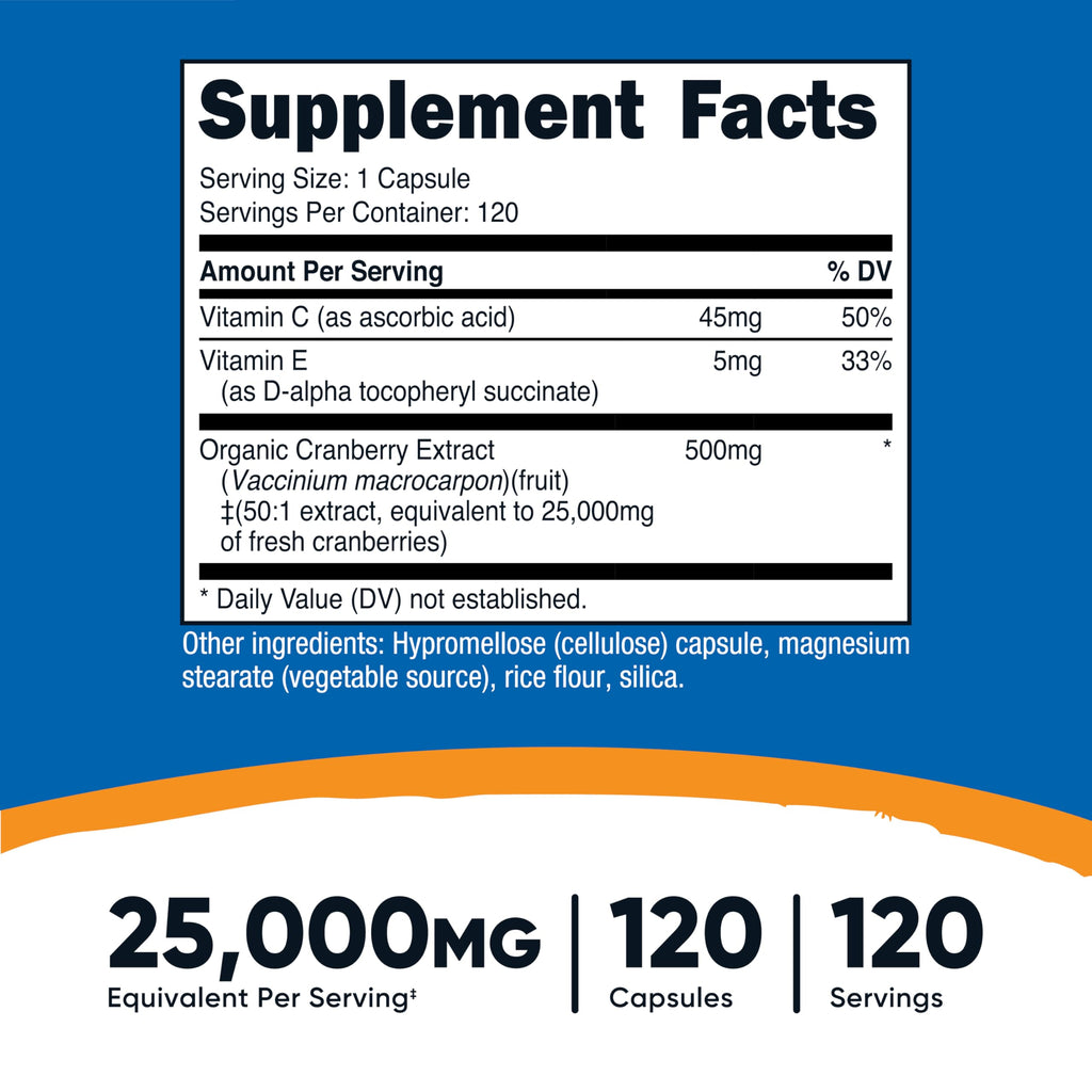 Nutricost Cranberry Extract 25,000mg Equivalent from 500mg of 50:1 Extract Per Serving, 120 Capsules for 120 Servings Per Bottle (3 Pack) - with 45mg of Vitamin C & 5mg of Vitamin E