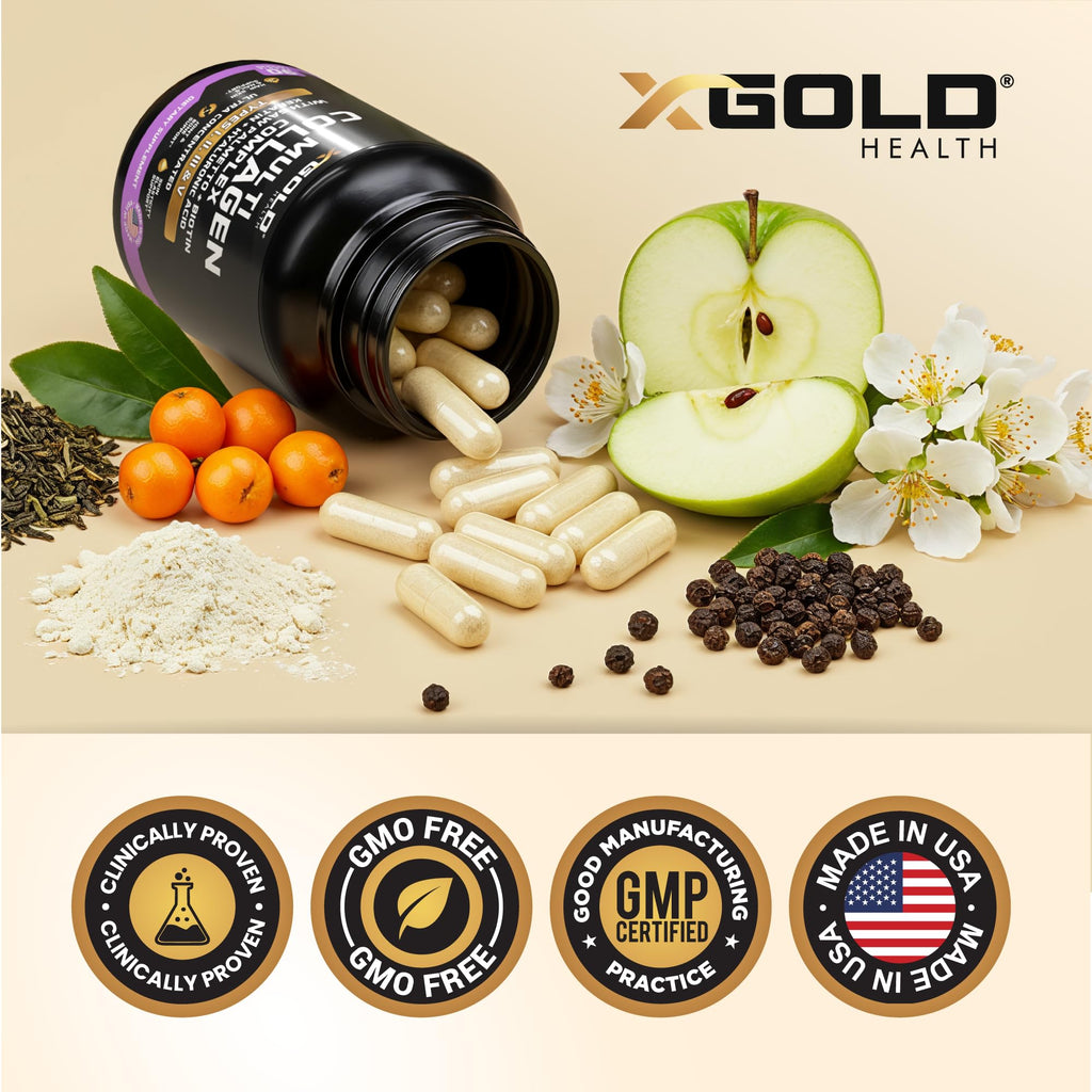 X Gold Health Collagen Complex, Types I, II, III, V, Biotin 10,000 mcg, Keratin, Hyaluronic Acid, Saw Palmetto, Vitamins C & E Advanced HSN Formula for Men & Women 90 Vegan Capsules