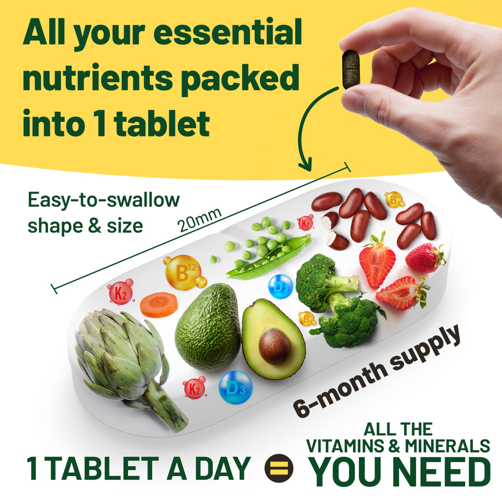 Vegan Vitality Multivitamins & Minerals for Women and Men with High Strength Vitamin B12, D3 & K2. 180 Vegan Multivitamin Tablets - 6 Months Supply. Vitamins for Vegans. Women Multivitamin