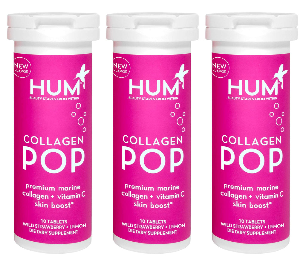 HUM Collagen Pop Marine Collagen Peptides Tablet, Clean Skin Supplement for Women & Men to Support Skin Hydration Levels On The Go, Dissolvable Tablets Strawberry Lemon, 3 Pack, 10 Tablets Each