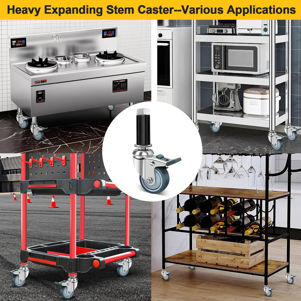 3 Inch Expanding Stem Caster Wheels Set of 4, Casters for Wire Shelving with Locking Brake, Fit 7/8", 1", 1-1/8" Tube Leg for Prep Table, Cart, Stainless Steel Furniture Legs