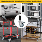 3 Inch Expanding Stem Caster Wheels Set of 4, Casters for Wire Shelving with Locking Brake, Fit 7/8", 1", 1-1/8" Tube Leg for Prep Table, Cart, Stainless Steel Furniture Legs