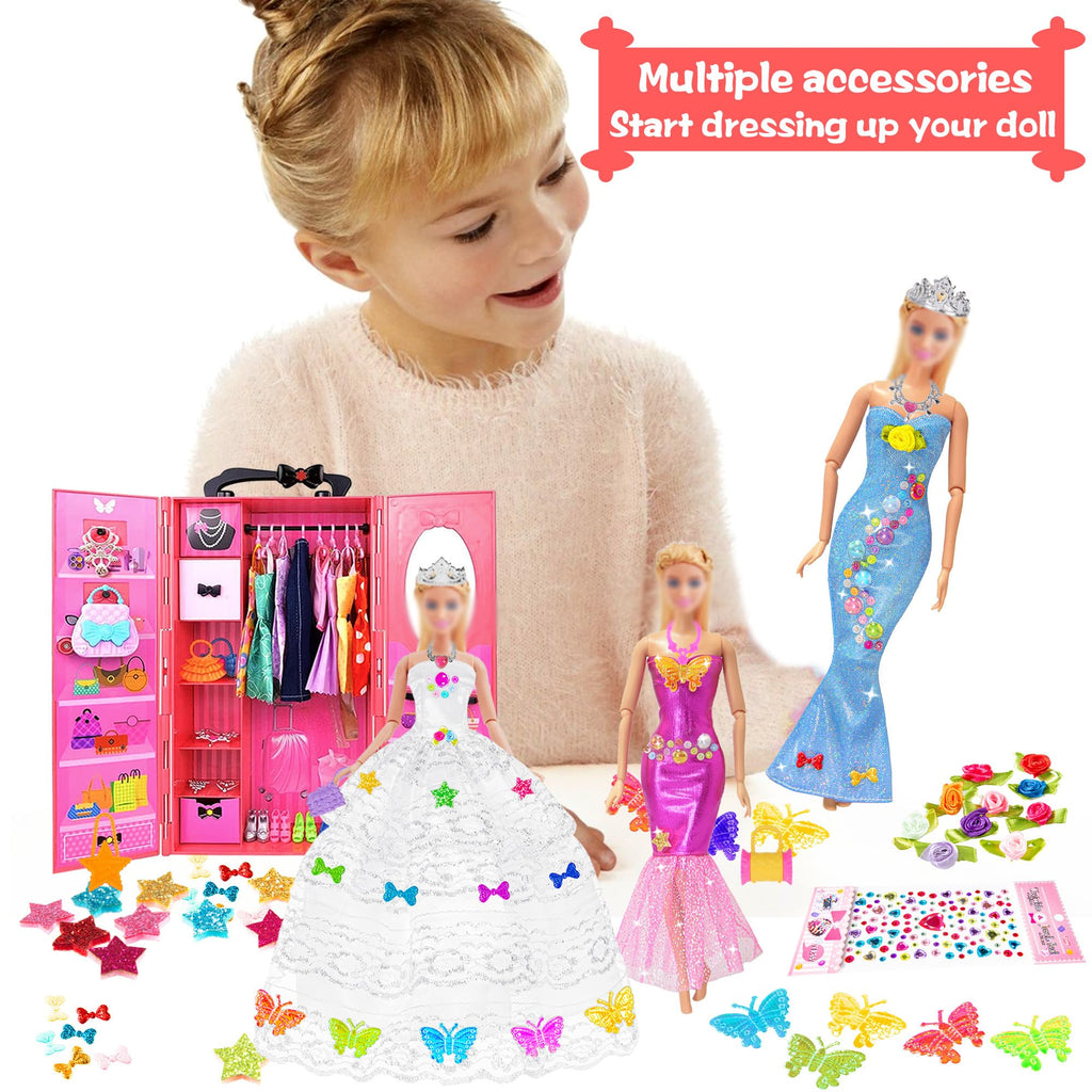 iBayda 139pcs 11.5-inch Fashion Doll and Wardrobe Playset: Wedding Dress, Outfits, Shoes, Bags, Necklace, DIY Stickers Accessories