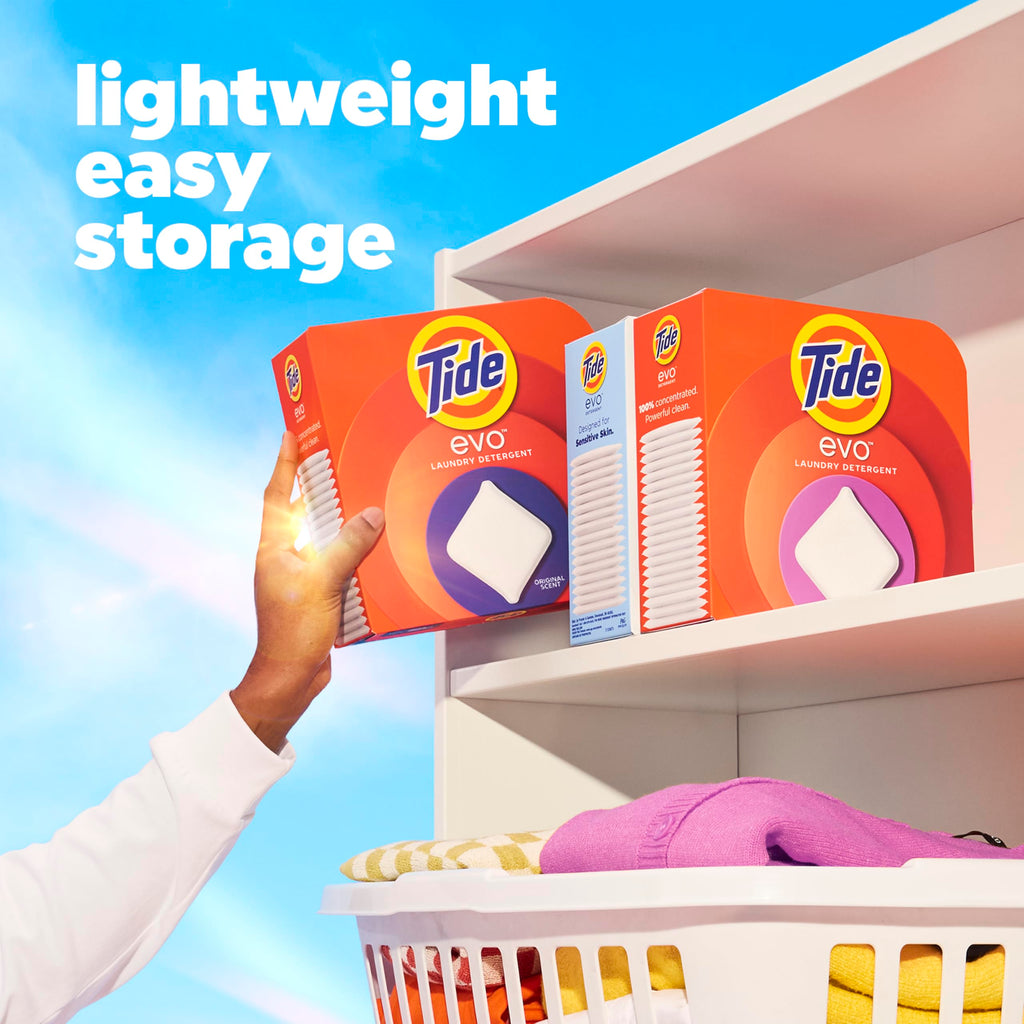 Tide evo Laundry Detergent Original Scent Works on 100% of Common Stains Concentrated Travel Detergent HE Compatible and Instant Dissolve Fights Stains Better than Leading Detergent Sheet, 42 Count