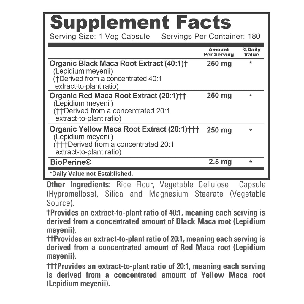 NusaPure Maca Root Black, Red, Yellow Capsules, 750 mg, 180 Veg Capsules (Non-GMO, Vegan)