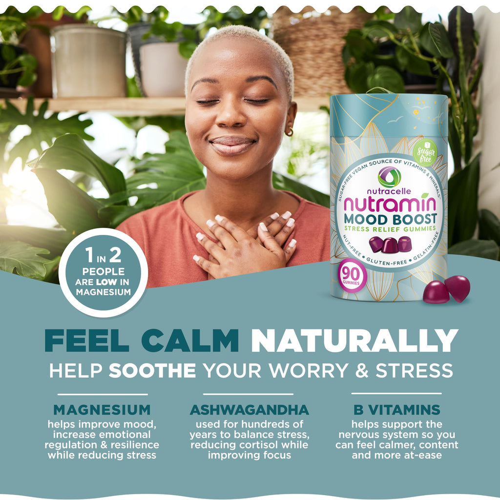 NUTRAMIN Mood Boost Multivitamin Gummy - Delicious & Yummy Anti-Stress Magnesium Ashwagandha Gummies + B Complex Vitamins for Focus and Calm - Sugar-Free, Vegan, Gluten-Free, Allergy-Safe (90 Count)