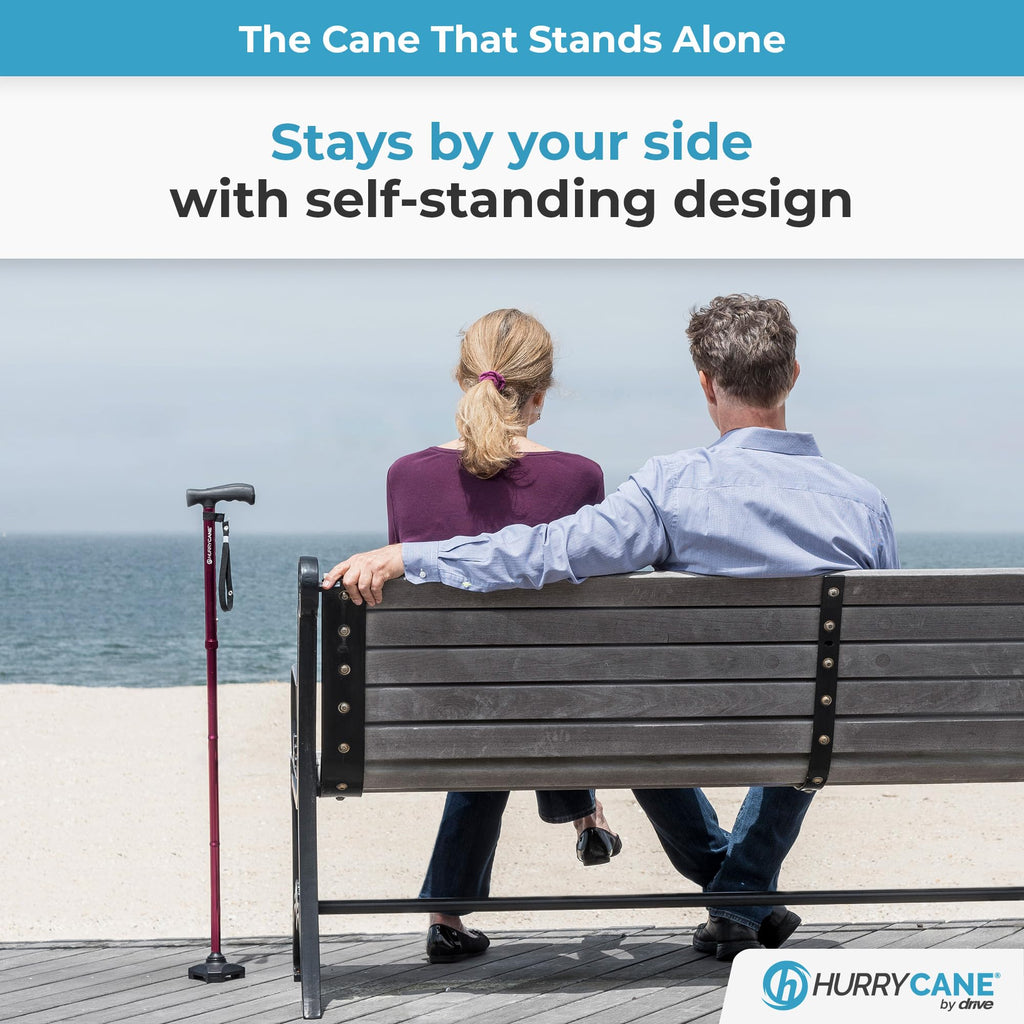 HurryCane Freedom Edition Foldable Walking Cane With T Handle - Enhanced Mobility Support - Patented SteadiGrip Base - Adjustable Height - Lightweight Foldable Design - Blue