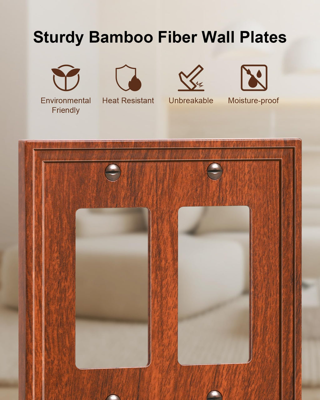 TREEWELL 2-Pack Double Decorator Outlet Cover Plate, Wood Grain Modern Decorative Switch Plates and Outlet Covers, Natural Bamboo Fiber Wall Plates for Electrical Outlets