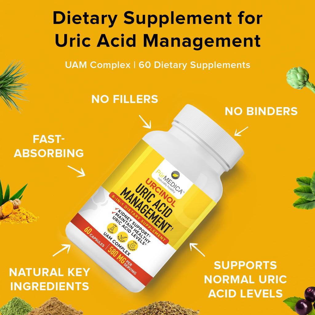 PurMEDICA Urcinol Uric Acid Supplement for Joint Support - 60ct (Pack of 1) - Uric Acid Support Formula with Turmeric Root, Acai, Banaba Leaf, Celery Seed, Yucca Stalk