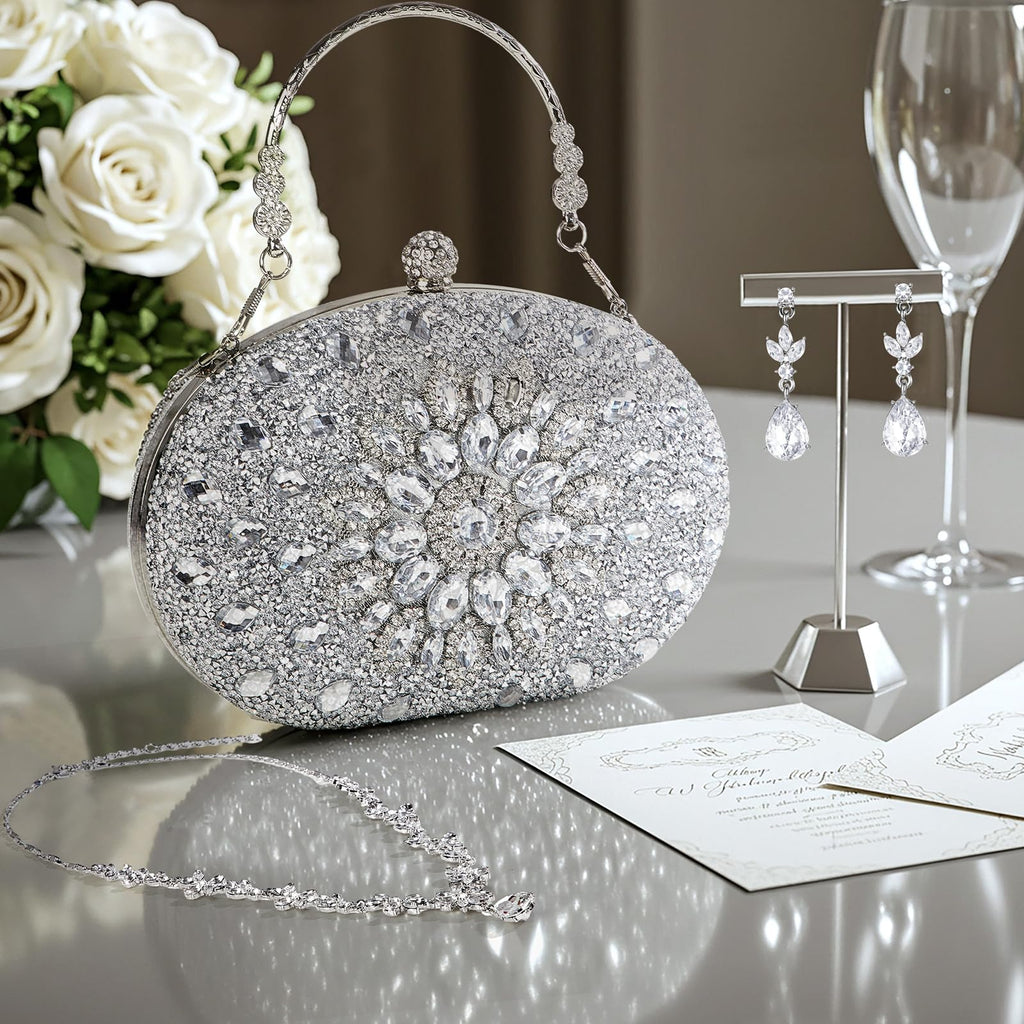 Quelay 4 Pcs Purse Rhinestone Jewelry Set for Wedding Bridal Women Evening Clutch Bag Necklace Dangle Earrings Bracelets(Silver,Stylish Style)