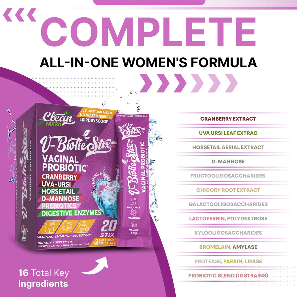 Clean Nutraceuticals Vaginal Probiotics for Women with Cranberry Extract, D-Mannose, Prebiotics, pH Balance for Women, Vaginal Health – Womens Probiotic Alternative to Gummies - 20 Stix